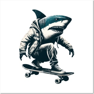 Retro Vintage Shark Skater Skateboarder Posters and Art